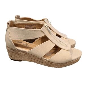 Jute Natural Open-front Sandals with Front Zipper and Wedge Heel, Size 7